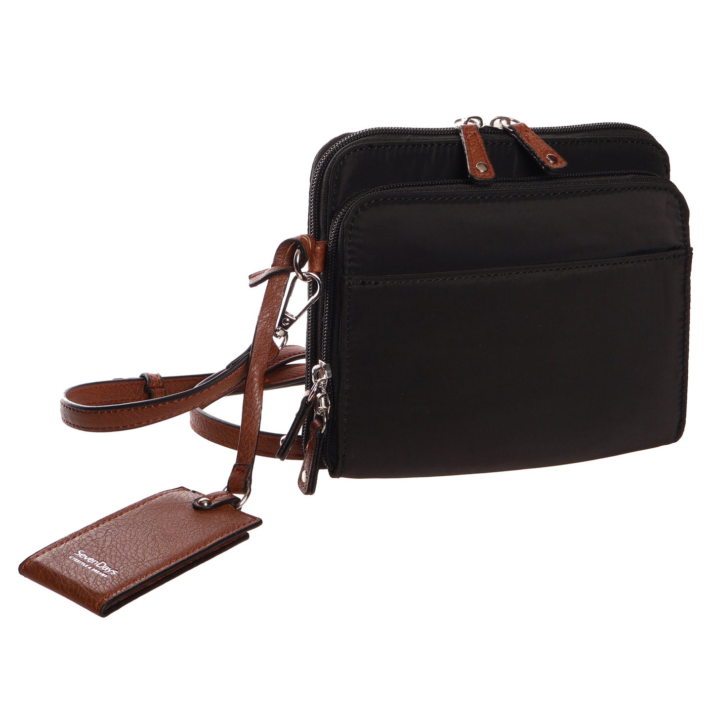 SevenDays Jade RFID Nylon Crossbody: black, brown strap, RFID protection, multiple zip compartments.
