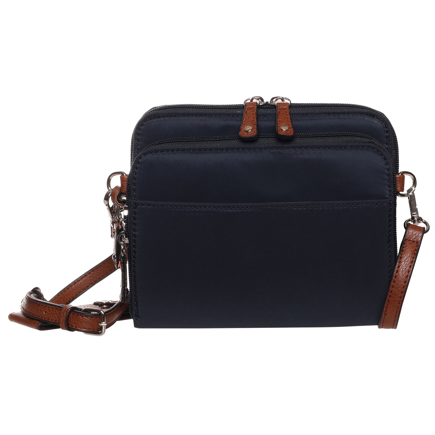 The SevenDays Jade RFID Nylon Crossbody is a small navy bag with brown straps and silver zippers.