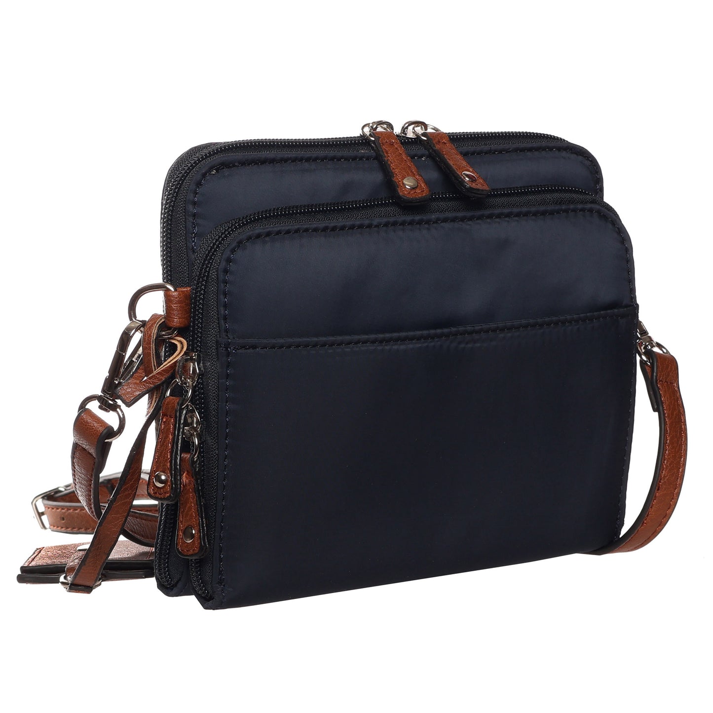 SevenDays Jade RFID Nylon Crossbody in navy with brown strap, shown on a white background.