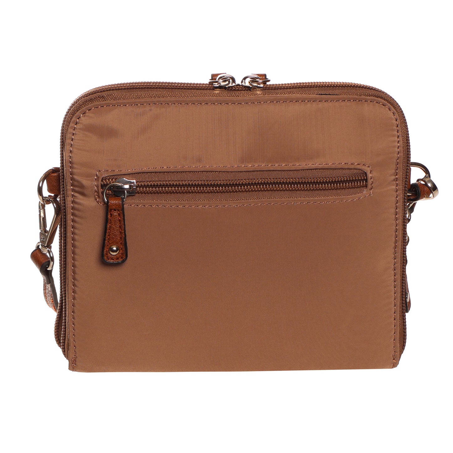 SevenDays Jade RFID Nylon Crossbody by SevenDays, taupe square bag with theft protection, on white background.