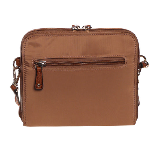 Product Image – SevenDays Jade RFID Nylon Crossbody by SevenDays, taupe square bag with theft protection, on white background.