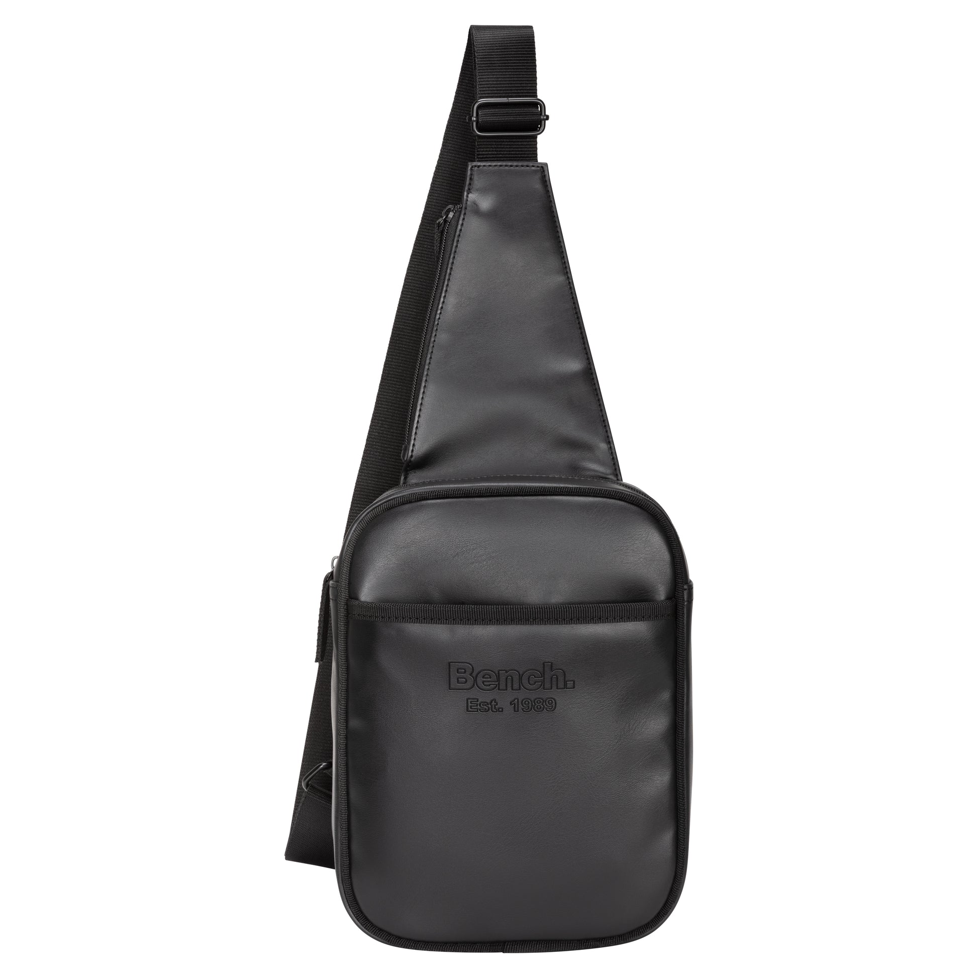 Bench Jayce Men's Sling Bag by Bench with front zip pocket and "Bench. Est. 1989" embossed on the front.