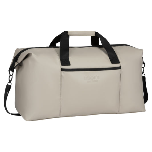 Product Image – Bench Jayce East West Weekender by Bench: taupe bag with black handles, front zip pocket, and detachable strap.