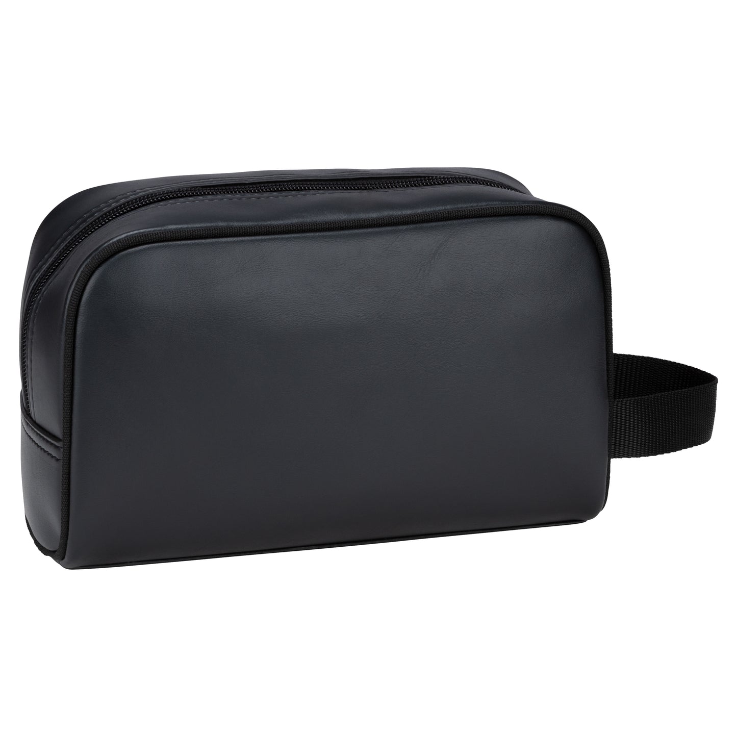 The Bench Jayce Toiletry Bag in black faux leather features a side handle, shown on a white background.