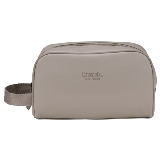 Product Image – The Bench Jayce Toiletry Bag in taupe faux leather features a side handle and zipper, shown on white.