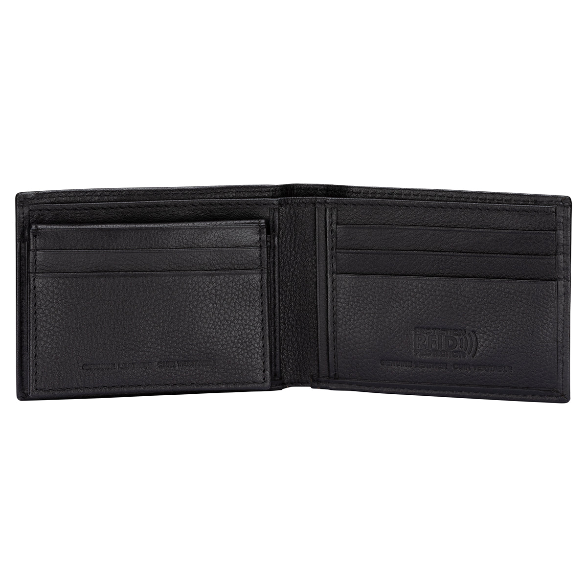 Bench Billfold Wallet with Top Flap ID Holder, black leather, open view.