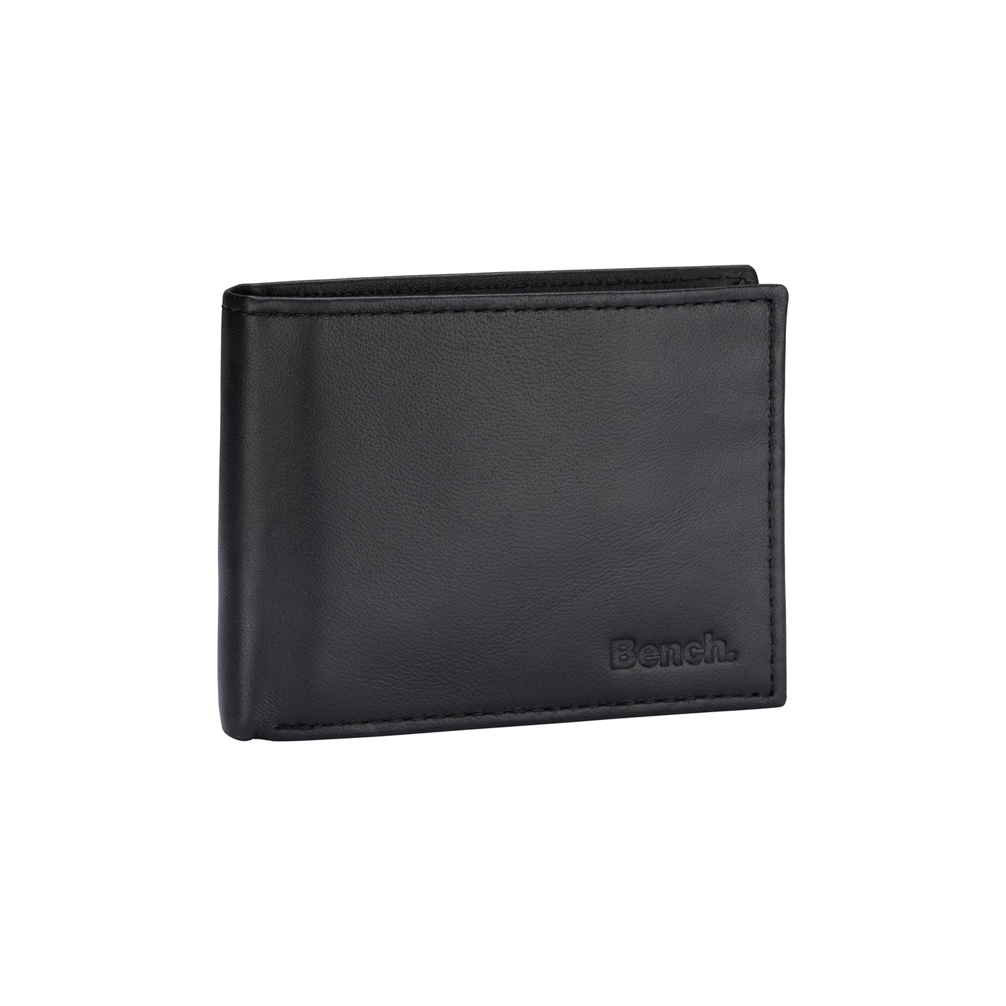 Bench Smooth Billfold Wallet with Center Wing, black leather, front angled view.