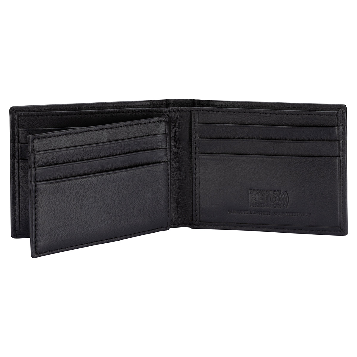 Bench Smooth Billfold Wallet with Center Wing, black leather, open view.