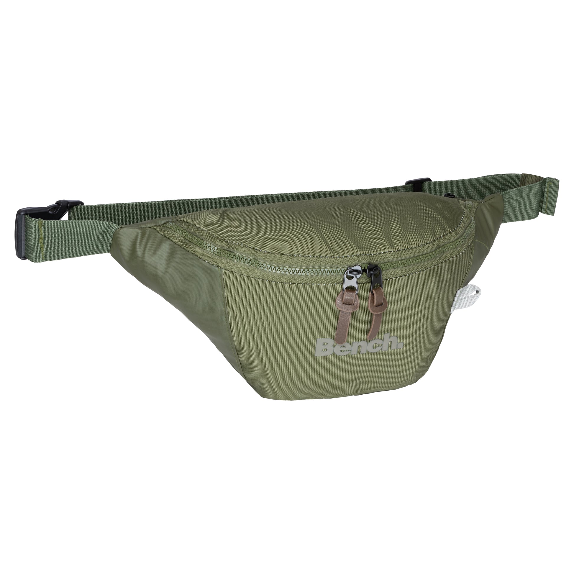 Bench Terra Fanny Pack in khaki green by Bench with front zipper and adjustable strap, shown on a white background.