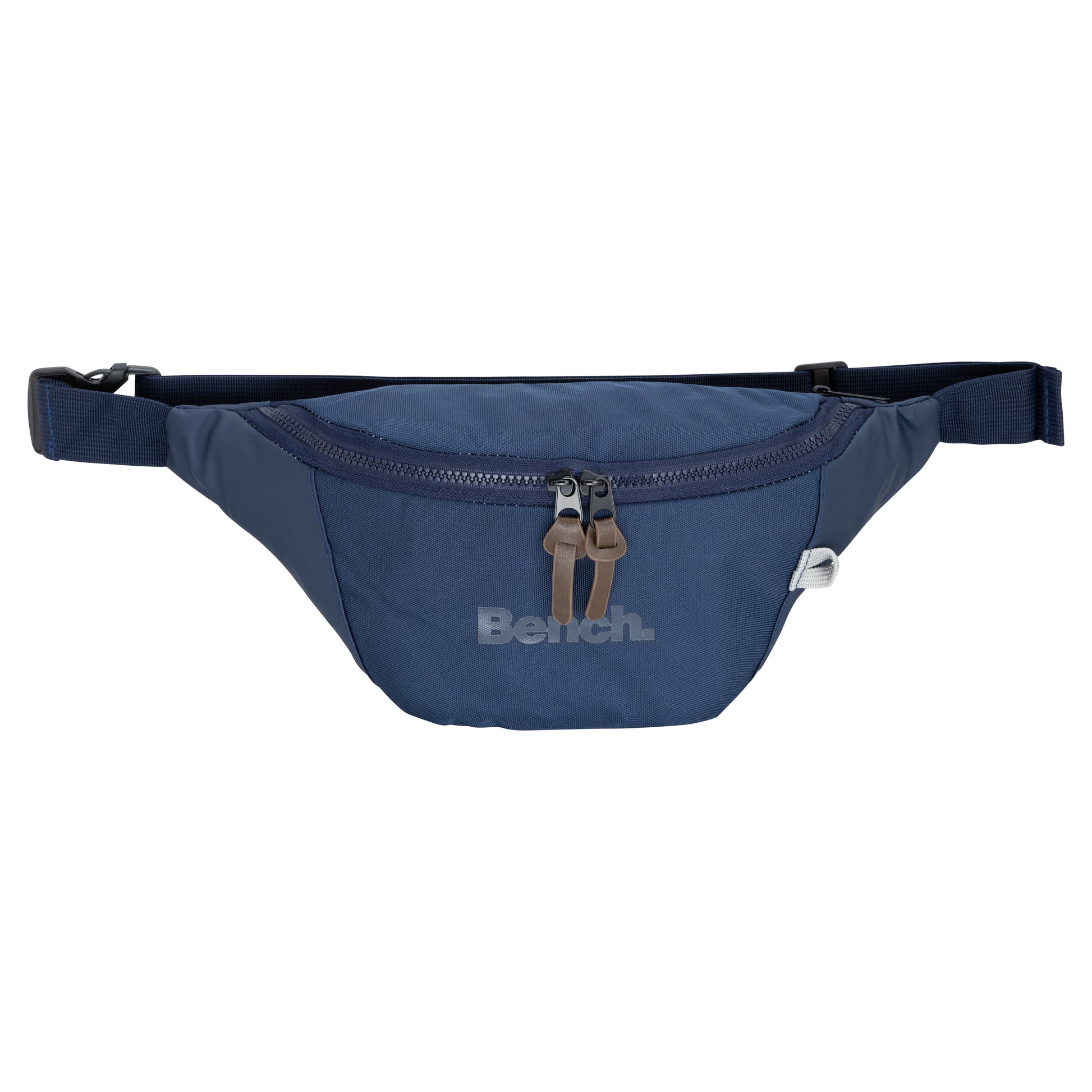Bench Terra Fanny Pack by Bench in navy blue with front zipper, adjustable strap, and dual zipper pulls.