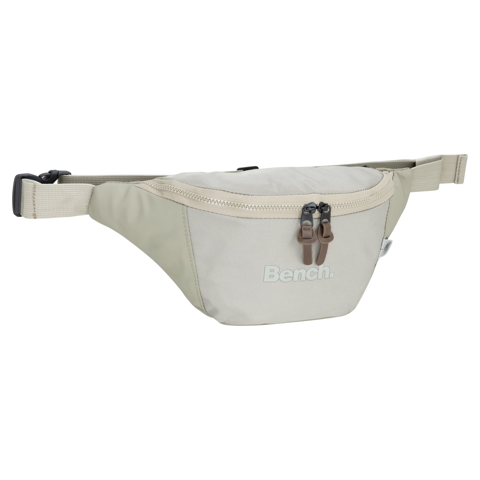 Bench Terra Fanny Pack by Bench, ecru beige with two zippers and adjustable strap, shown on white background.