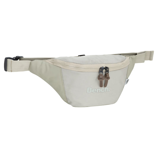 Product Image – Bench Terra Fanny Pack by Bench, ecru beige with two zippers and adjustable strap, shown on white background.