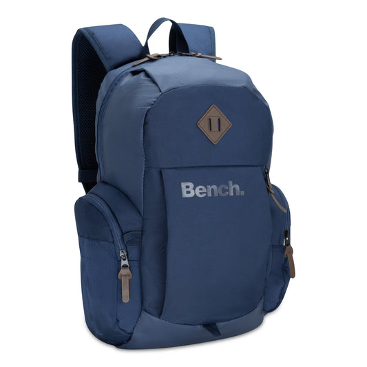 Product Image – Bench Terra Backpack by Bench—navy blue, with front zipper, side pockets, padded straps; durable laptop backpack.