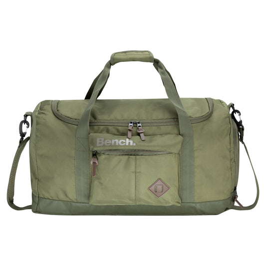 Product Image – Bench Terra Sports Bag in khaki green with shoulder strap, top handles, front zip pocket, and Bench logo.
