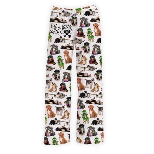 Product Image – Brief Insanity Lounge Pants: "Life is Better With a Dog"—fun dog print, ideal gift for dog lovers.