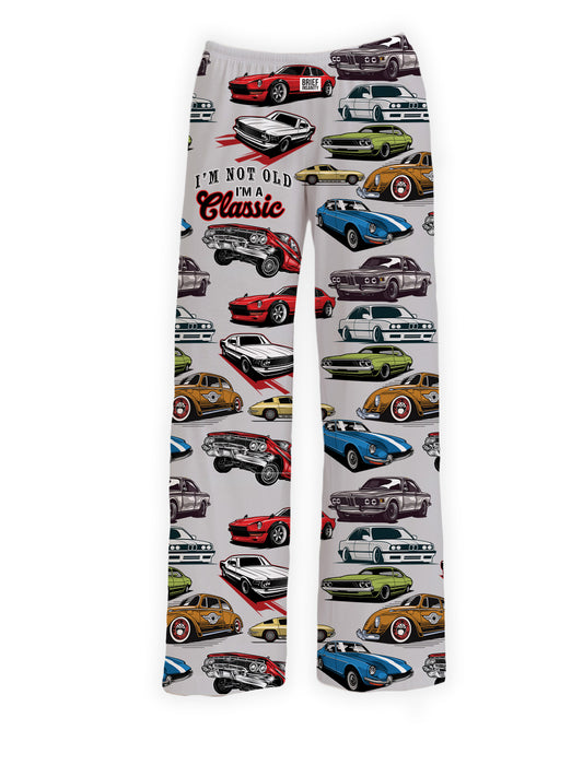 Product Image – Brief Insanity Lounge Pants feature car graphics and "I'm Not Old I'm a Classic" text.