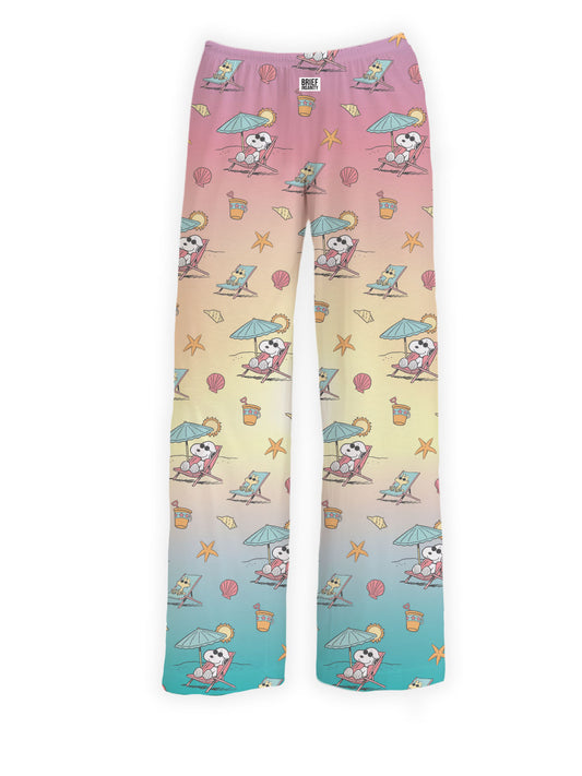 Product Image – Brief Insanity Lounge Pants feature a pastel beach print with Snoopy, animals, umbrellas, and shells.
