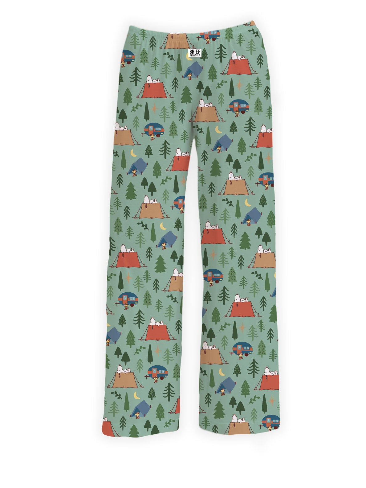 Brief Insanity Peanuts Snoopy Camping lounge pants feature a fun camping print with tents, trees, and campfires.