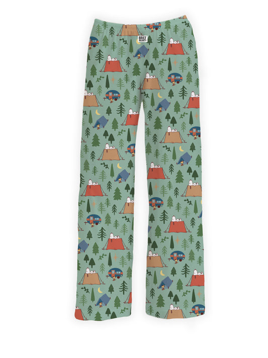 Product Image – Brief Insanity Peanuts Snoopy Camping lounge pants feature a fun camping print with tents, trees, and campfires.