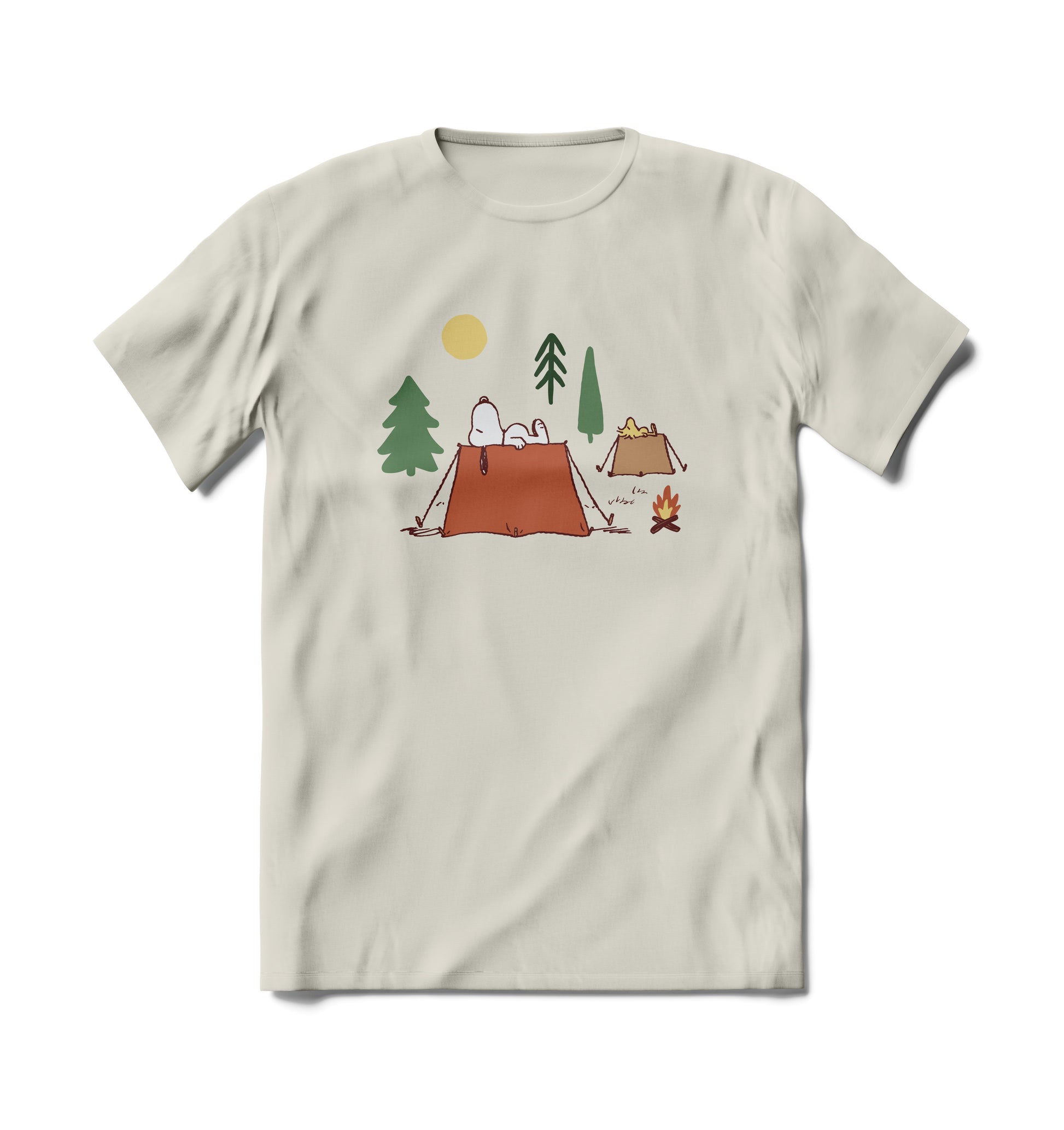 Brief Insanity Peanuts Snoopy Camping T-Shirt: Cozy beige sleep shirt with camp-themed graphic.