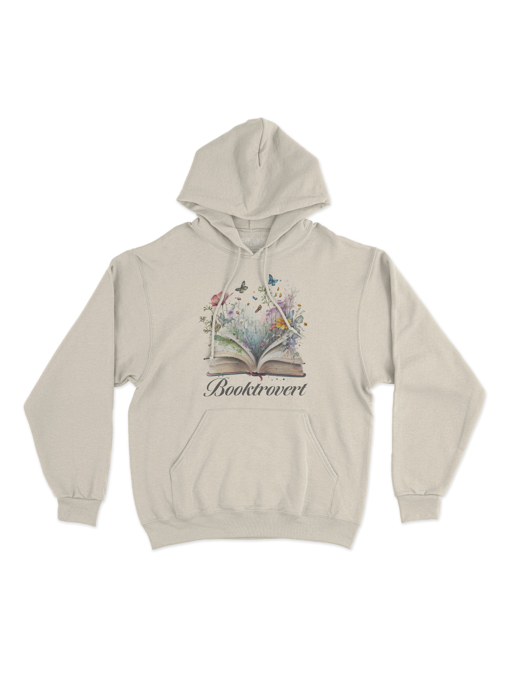 Brief Insanity Booktrovert Hoodie with open book, flowers, and butterflies; ideal for book lovers.