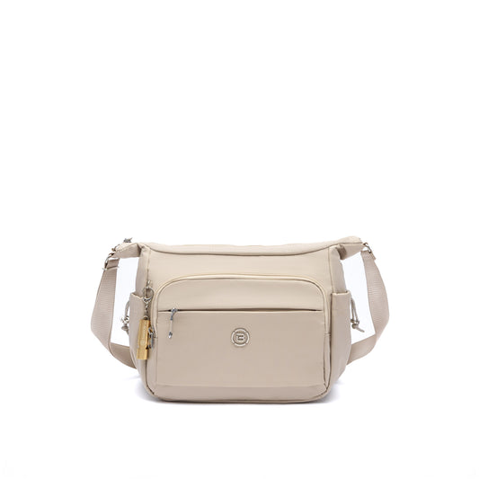 Product Image – Beside-U Jest R2 Crossbody: water-repellent beige nylon, front zip pocket, adjustable strap, small logo.