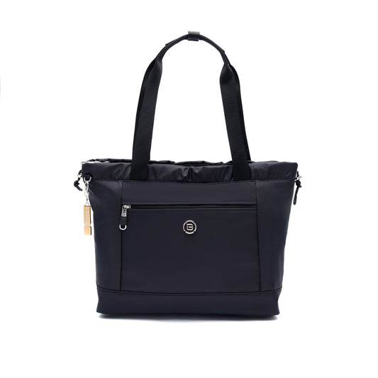 Product Image – The Beside-U Candy Tote is a black anti-theft bag with two handles, front zipper pocket, and round logo.