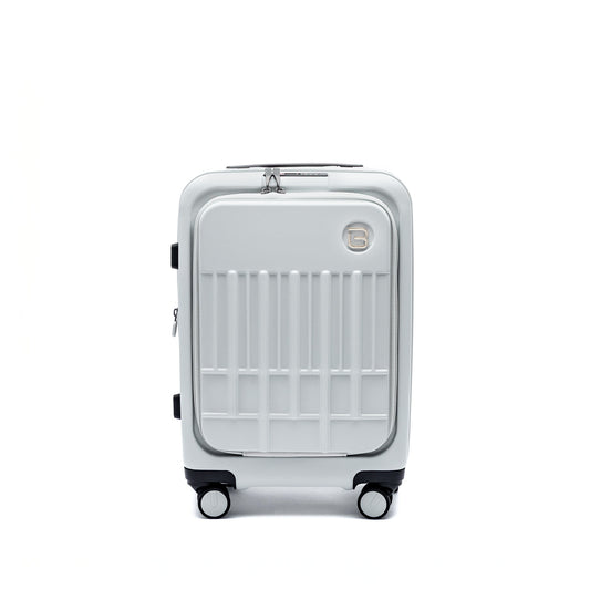 Product Image – The Beside-U Posh Voyage 20" silver polycarbonate carry-on features four wheels and a top handle.