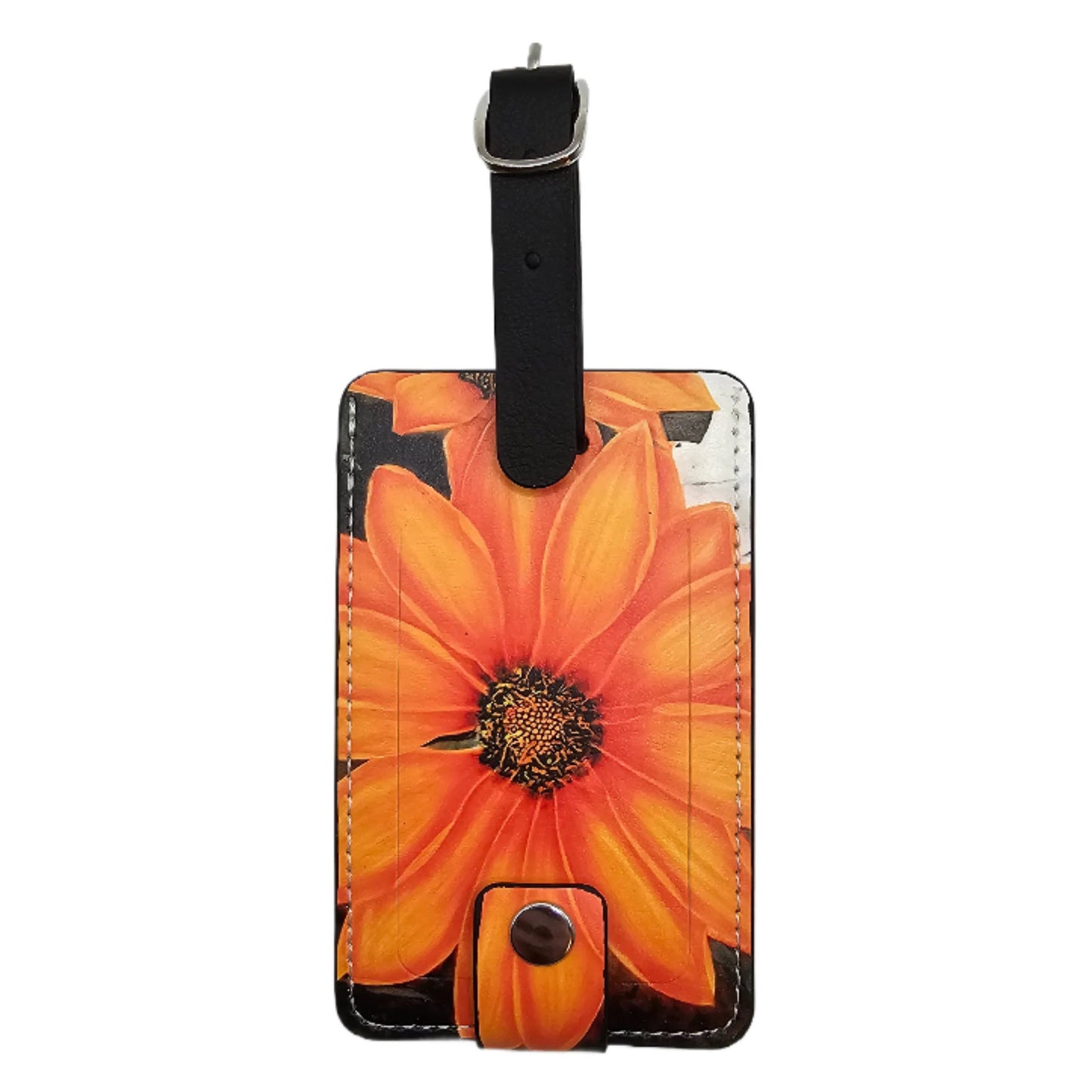 Ron Risley Art Forget Me Not Luggage Tag with a bright orange flower, inspired by Ron Risley's paintings.