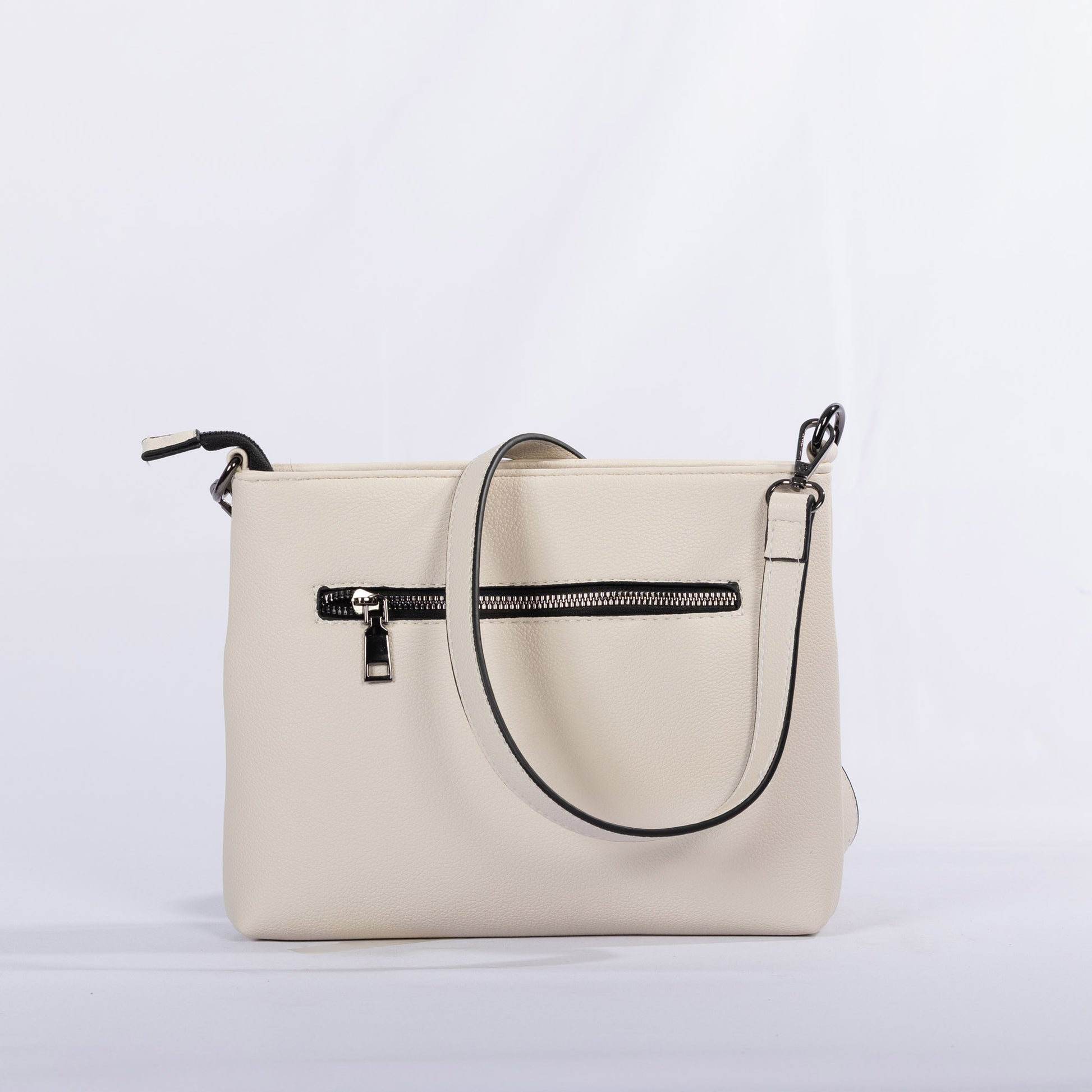 Miss Caprice Front Zipper Crossbody: a beige leather bag with smart design and front zip pocket, back view.