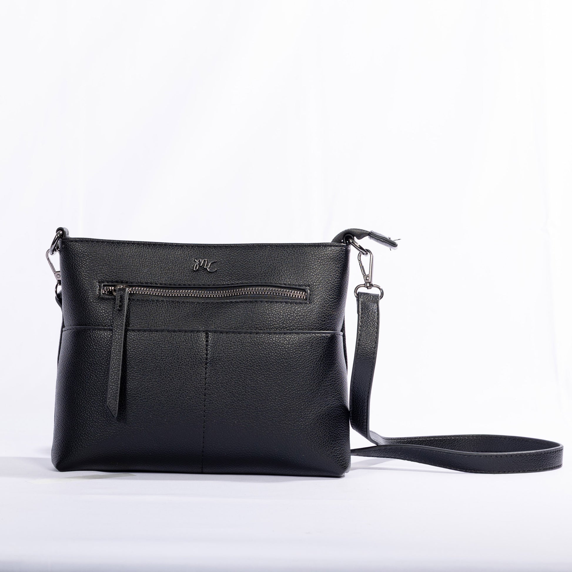 Miss Caprice Front Zipper Crossbody: black leather bag with front zip pocket and adjustable strap.