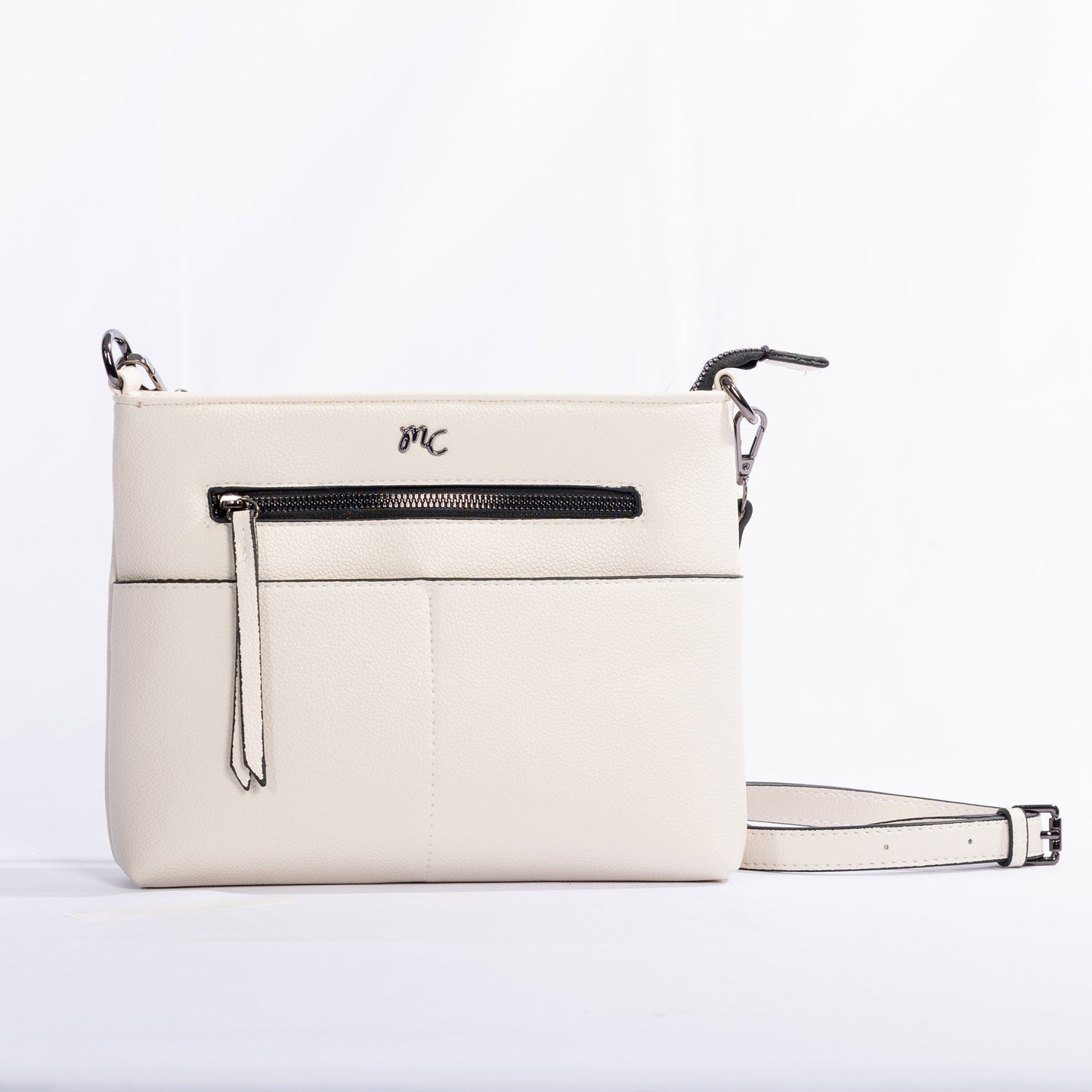 Miss Caprice Front Zipper Crossbody in beige, adjustable strap and smart design.
