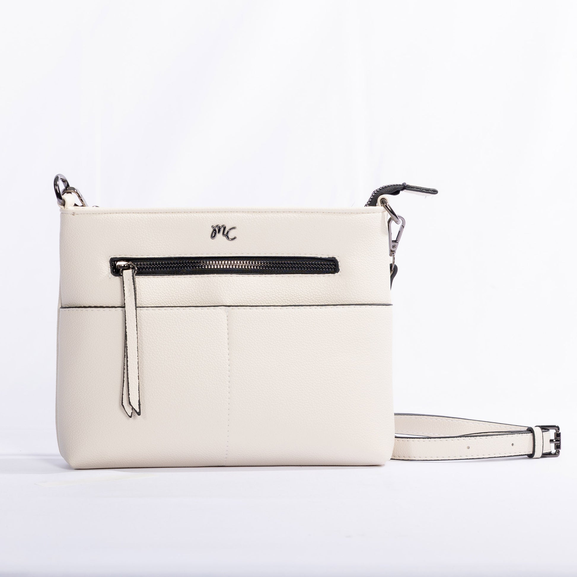 Miss Caprice Front Zipper Crossbody in beige, adjustable strap and smart design.