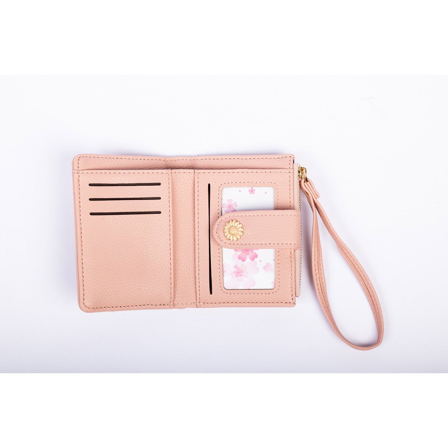Miss Caprice Small Card and Coin Wallet in pink with top zipper, card slots, and wrist strap, shown open.
