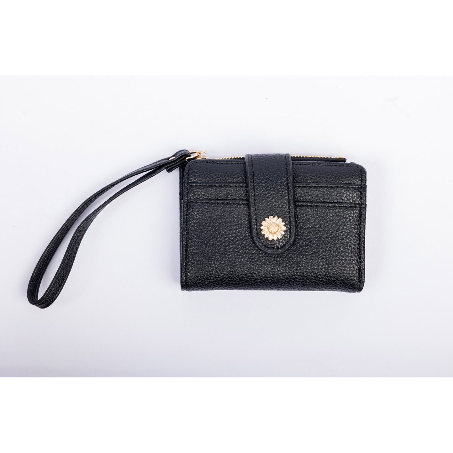 Miss Caprice Small Card and Coin Wallet: compact black leather wristlet with gold flower detail and top zip pocket.