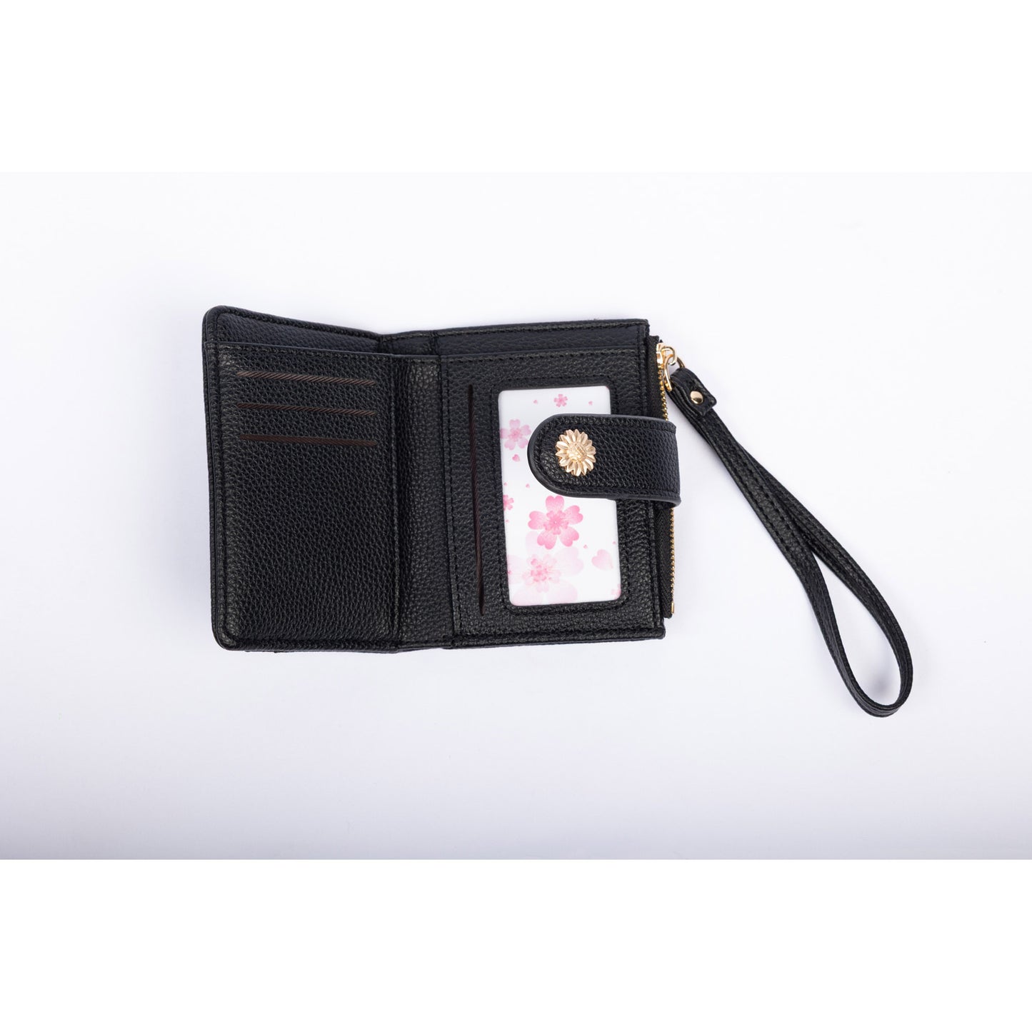 Miss Caprice Small Card and Coin Wallet: black leather with card slots, ID window, wrist strap, and zip pocket.