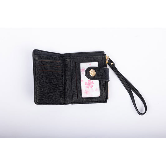 Product Image – Miss Caprice Small Card and Coin Wallet: black leather with card slots, ID window, wrist strap, and zip pocket.