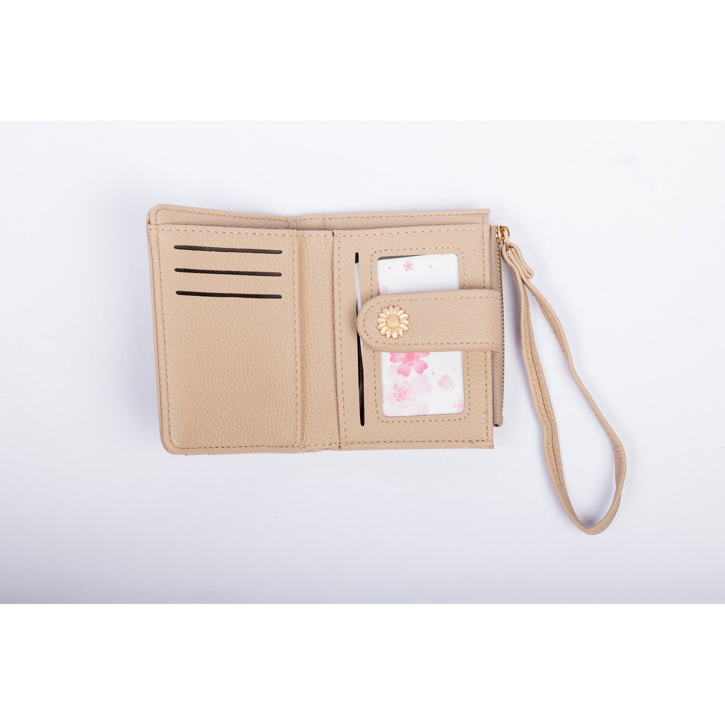 Miss Caprice Small Card and Coin Wallet in beige with top zipper and wrist strap, shown opened flat on white.