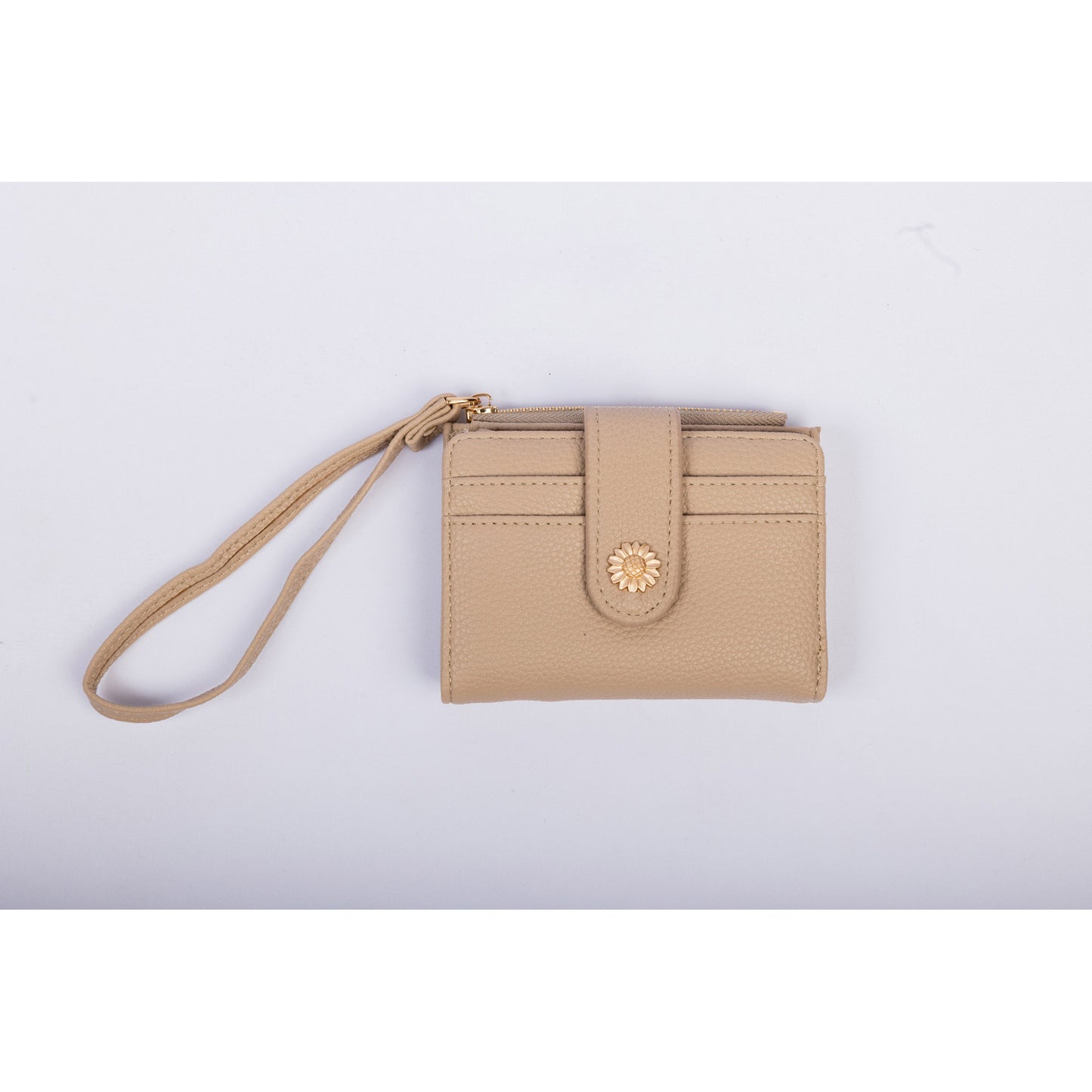 Miss Caprice Small Card and Coin Wallet: beige wristlet with strap, flower detail & secure top zipper pocket.