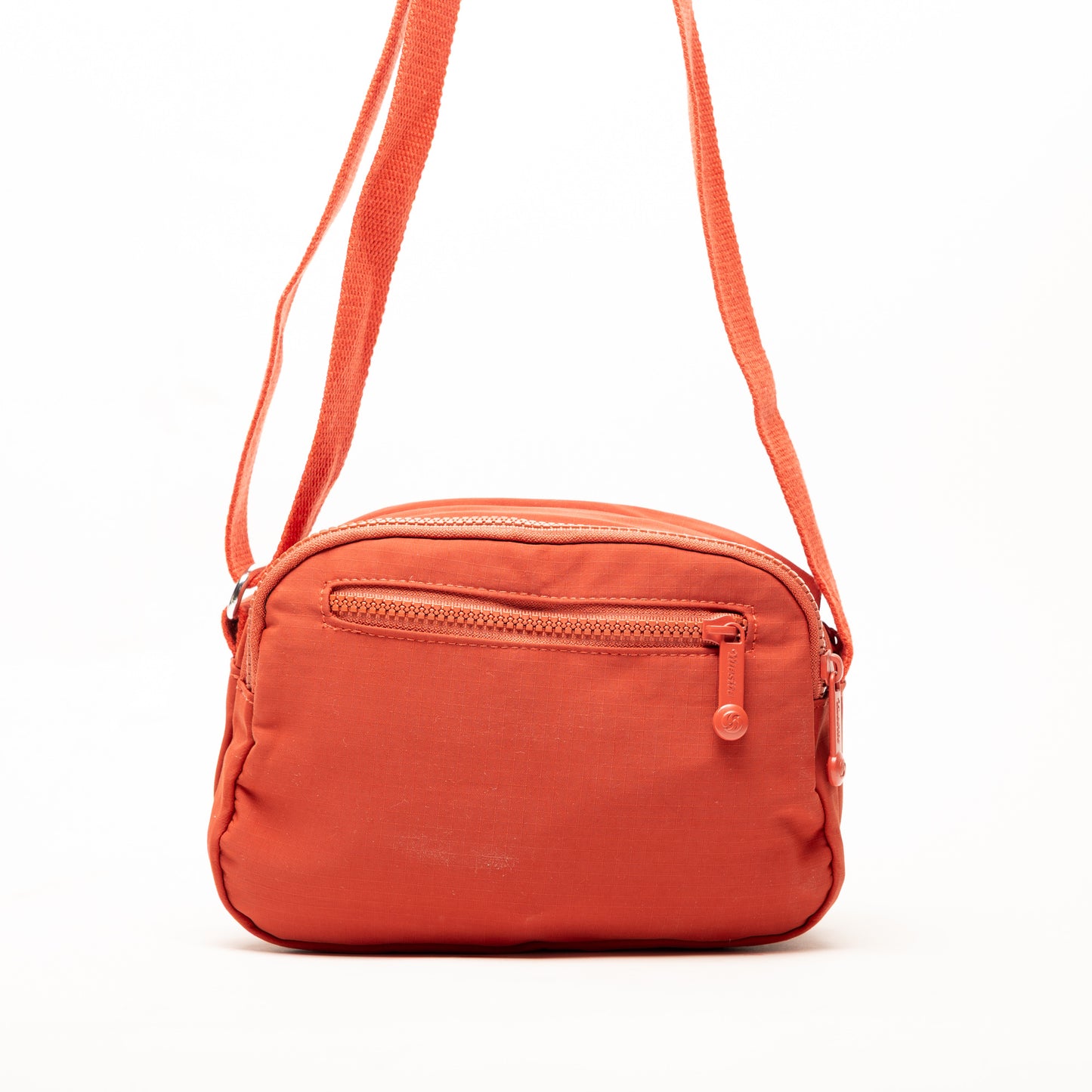 Miss Caprice Compact Nylon Crossbody: a small orange bag with front zipper pocket and adjustable strap.