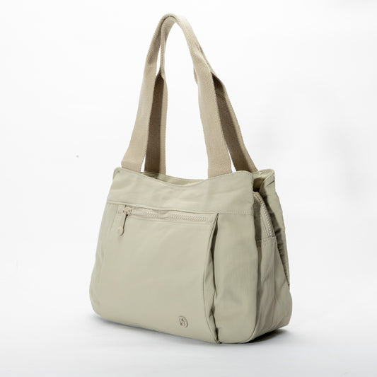 Product Image – Miss Caprice Nylon Shoulder Bag Tote with dual straps and front zip pocket, shown on a white background.