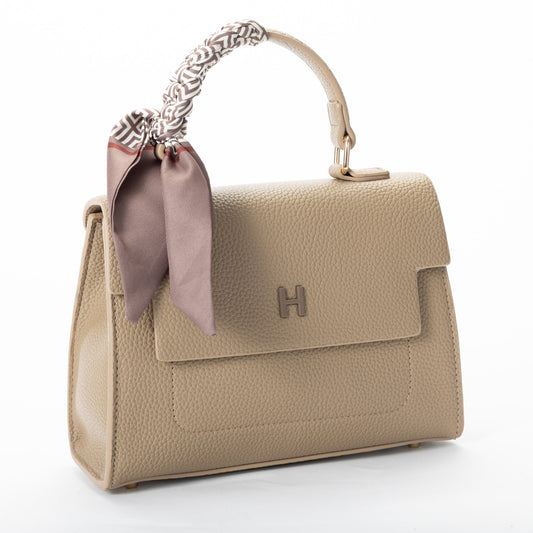 Product Image – Miss Caprice Hope Handbag: beige faux leather with textured finish, top handle, front flap, and knotted scarf.
