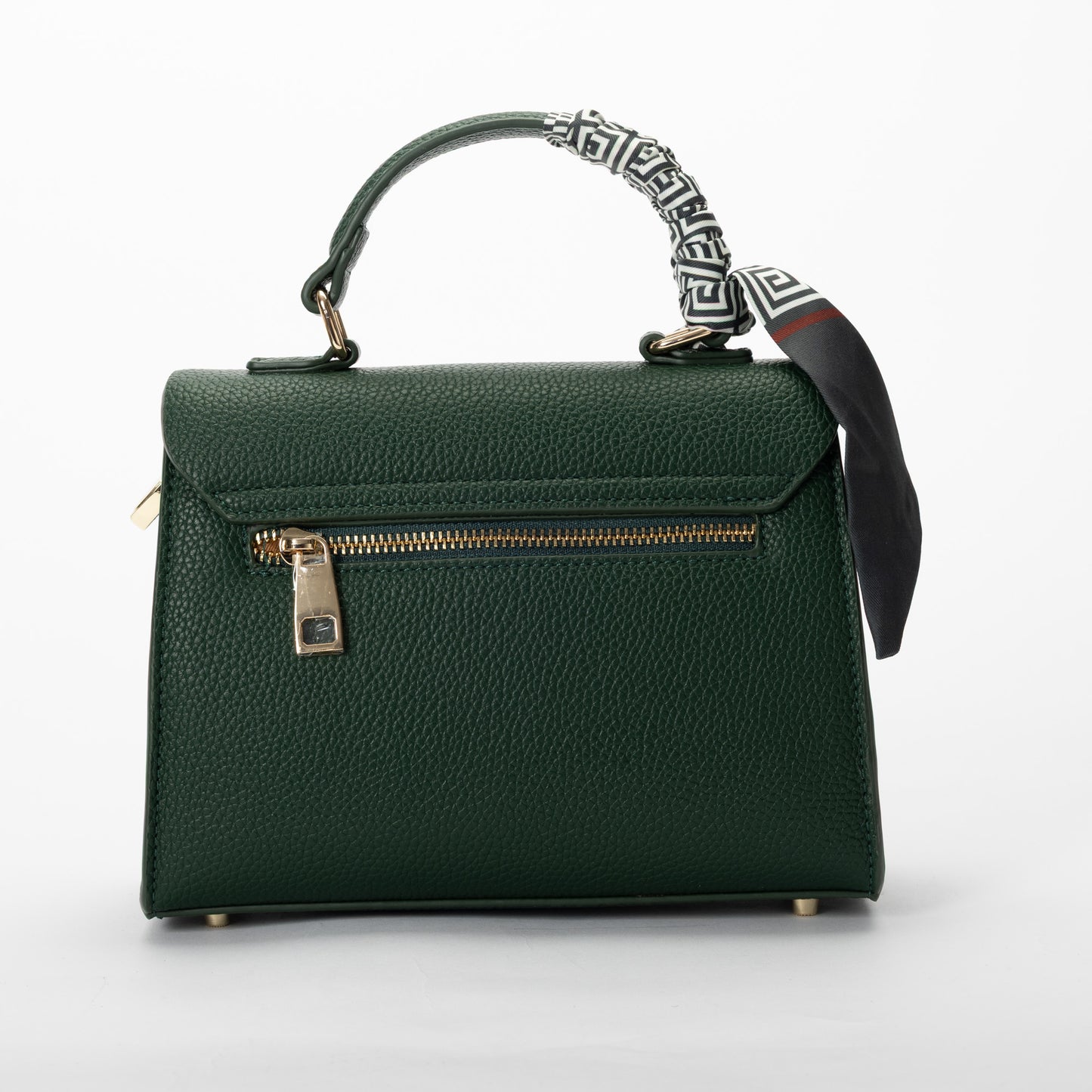 Miss Caprice Hope Handbag: dark green top handle with gold zipper and black-and-white scarf detail.