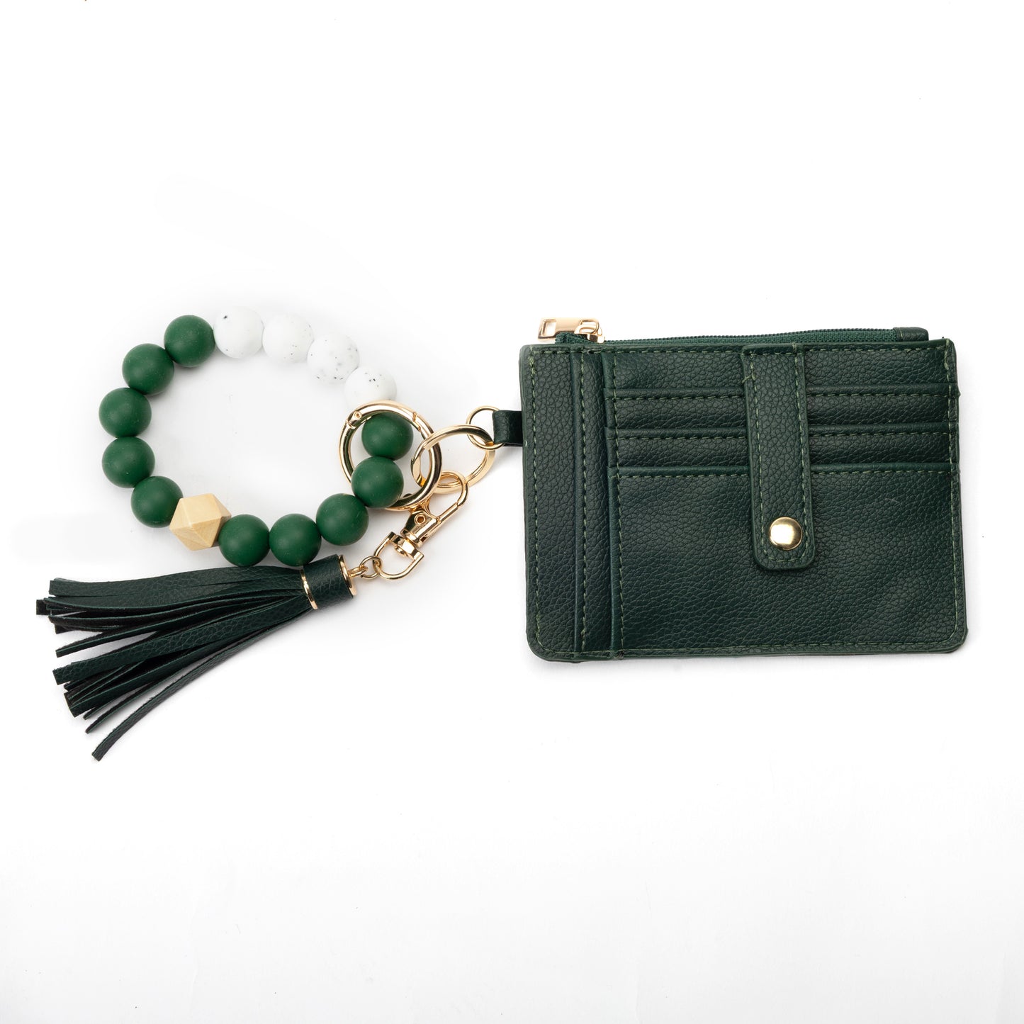 Miss Caprice Cardholder with Bracelet Keychain: dark green faux leather, gold snap, beaded bracelet, black tassel.