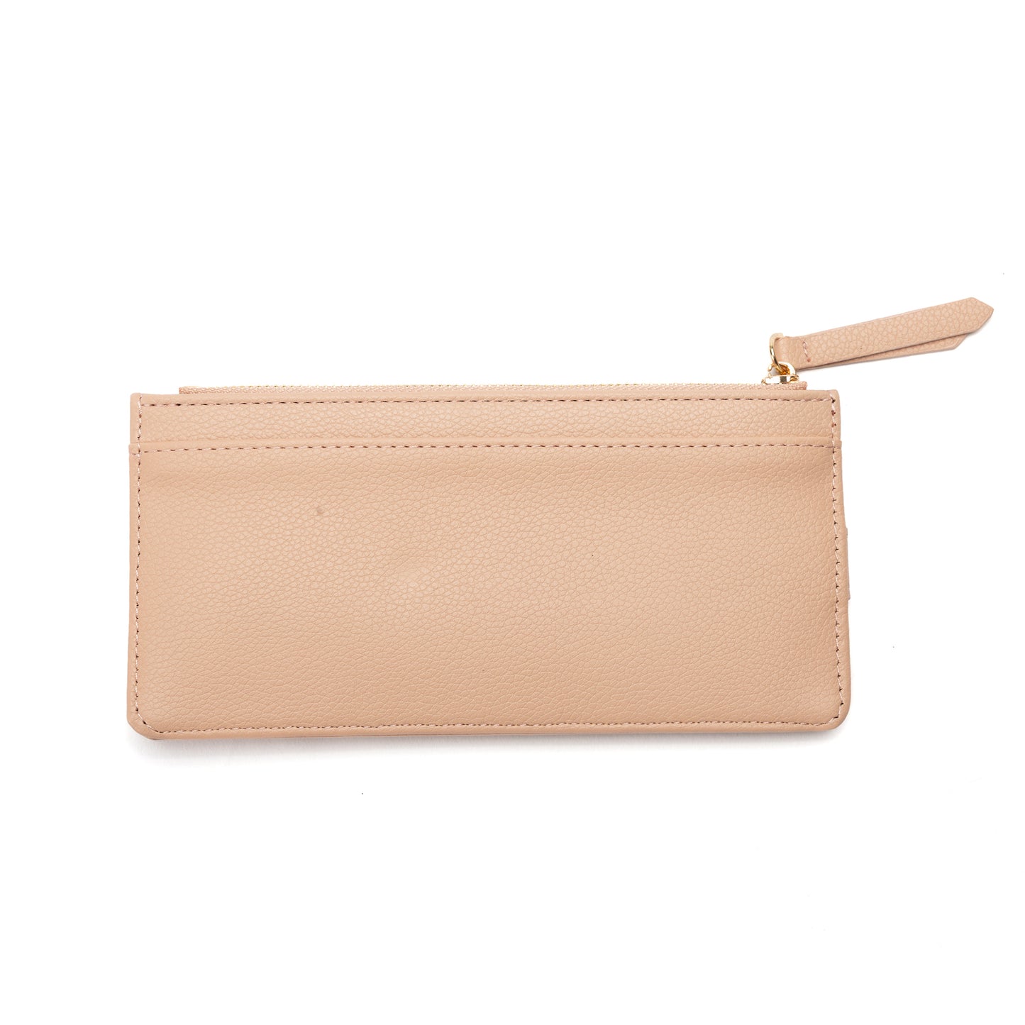 Miss Caprice Card Wallet: beige faux leather, compact, zip closure, exterior pocket.