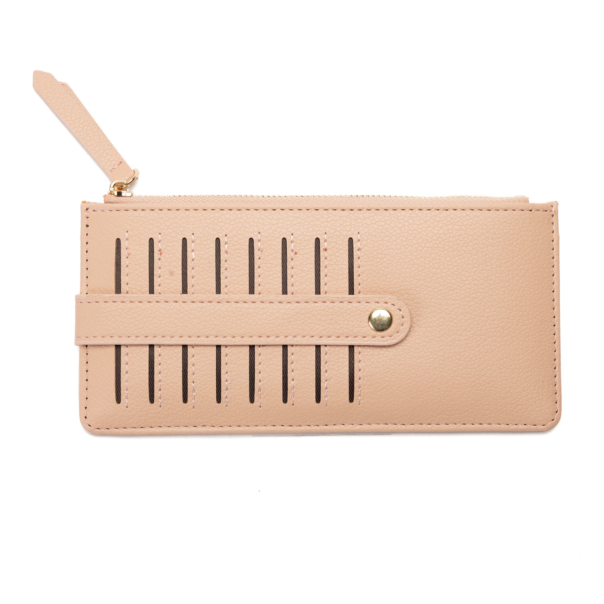 Miss Caprice Card Wallet: beige faux leather with vertical card slots and snap-button front strap.