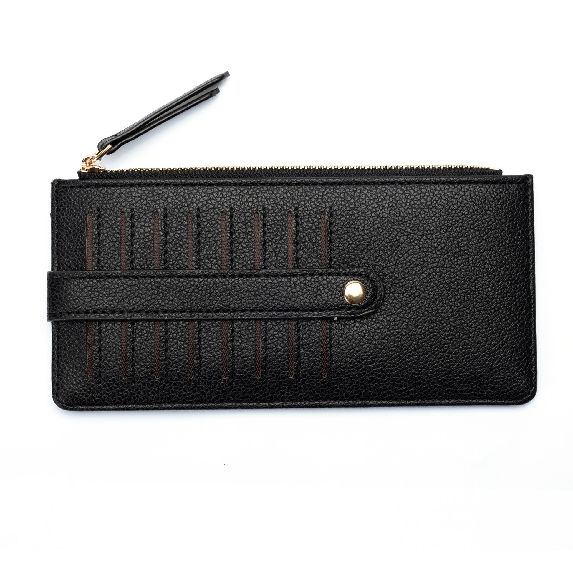 Miss Caprice Card Wallet: black faux leather with zipper, vertical stitching & snap strap by Miss Caprice.