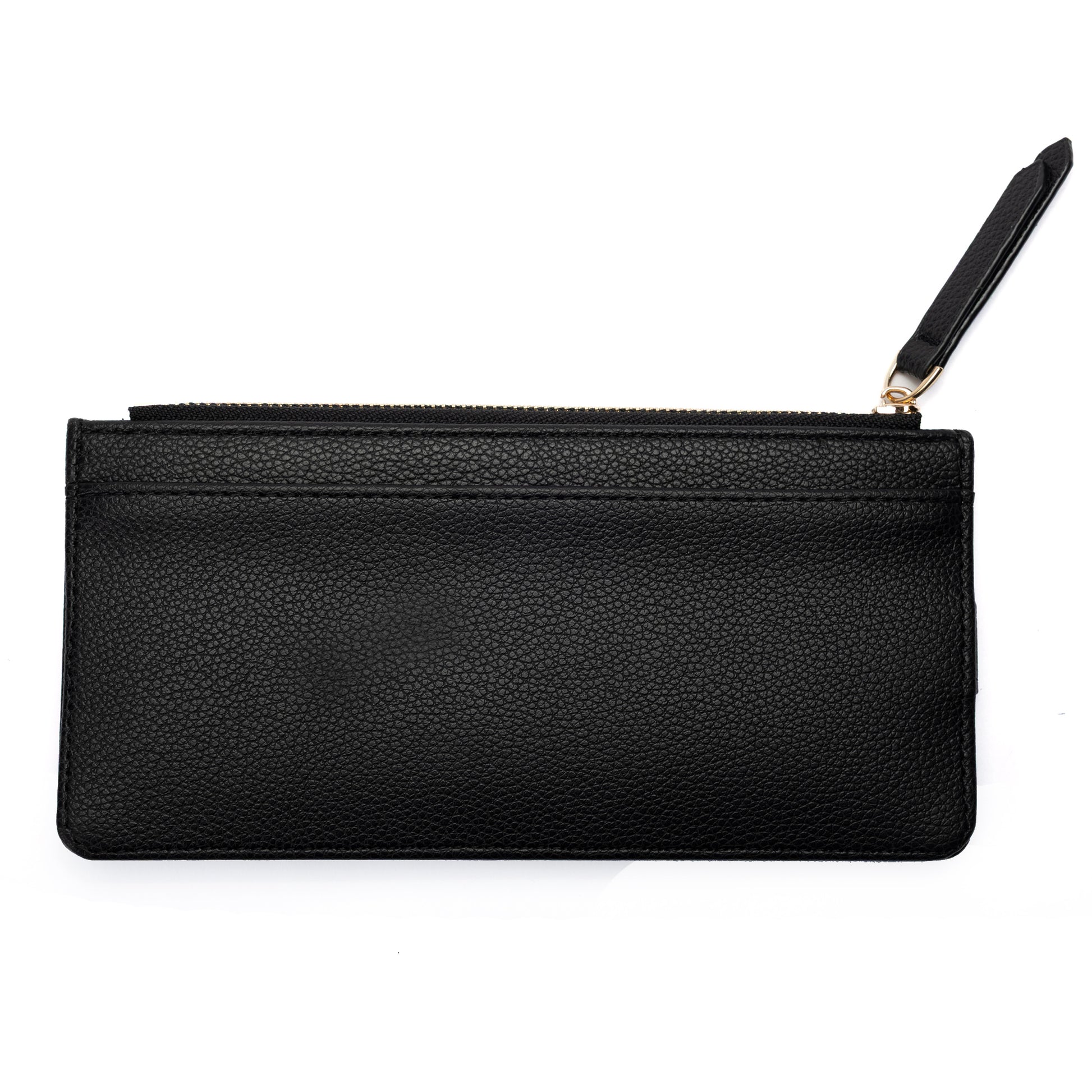 Miss Caprice Card Wallet: black faux leather clutch with wrist strap and zip closure by Miss Caprice.