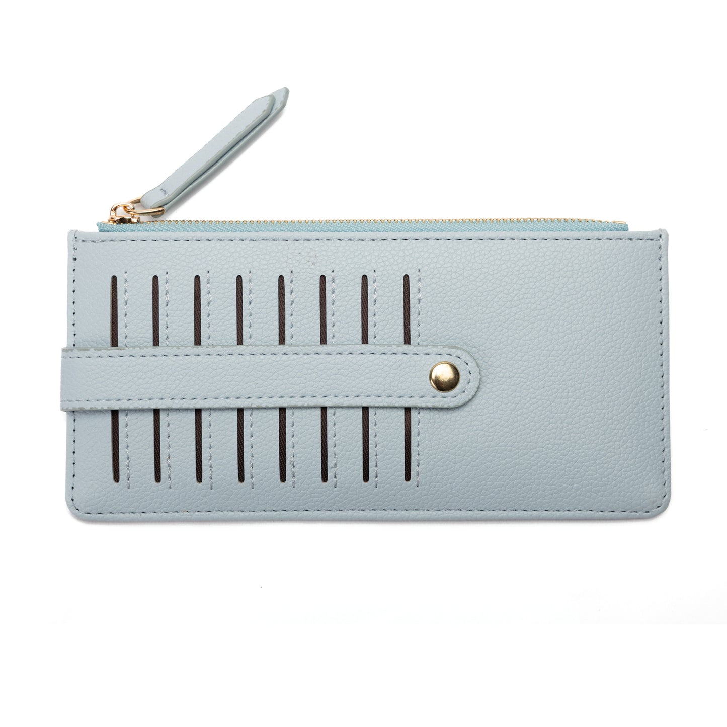 Miss Caprice Card Wallet: light blue faux leather, vertical cut-out, compact, zip & snap closure.