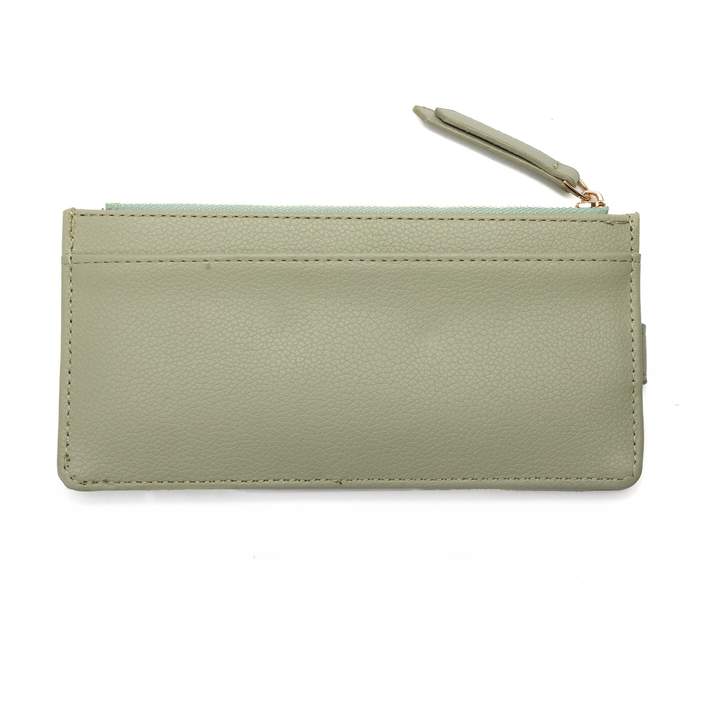 Miss Caprice Card Wallet: light green faux leather, zipper, front pocket, compact design by Miss Caprice.
